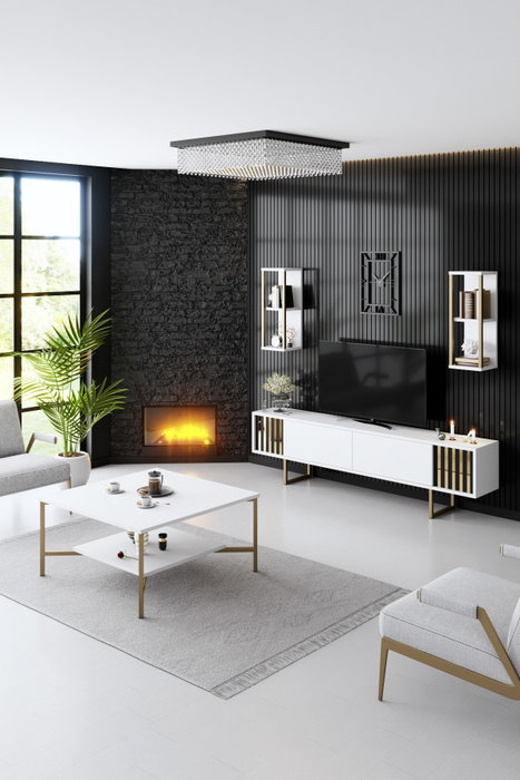 Hanah Home Gold Line Mueble de TV Blanco y Negro con Patas Metálicas